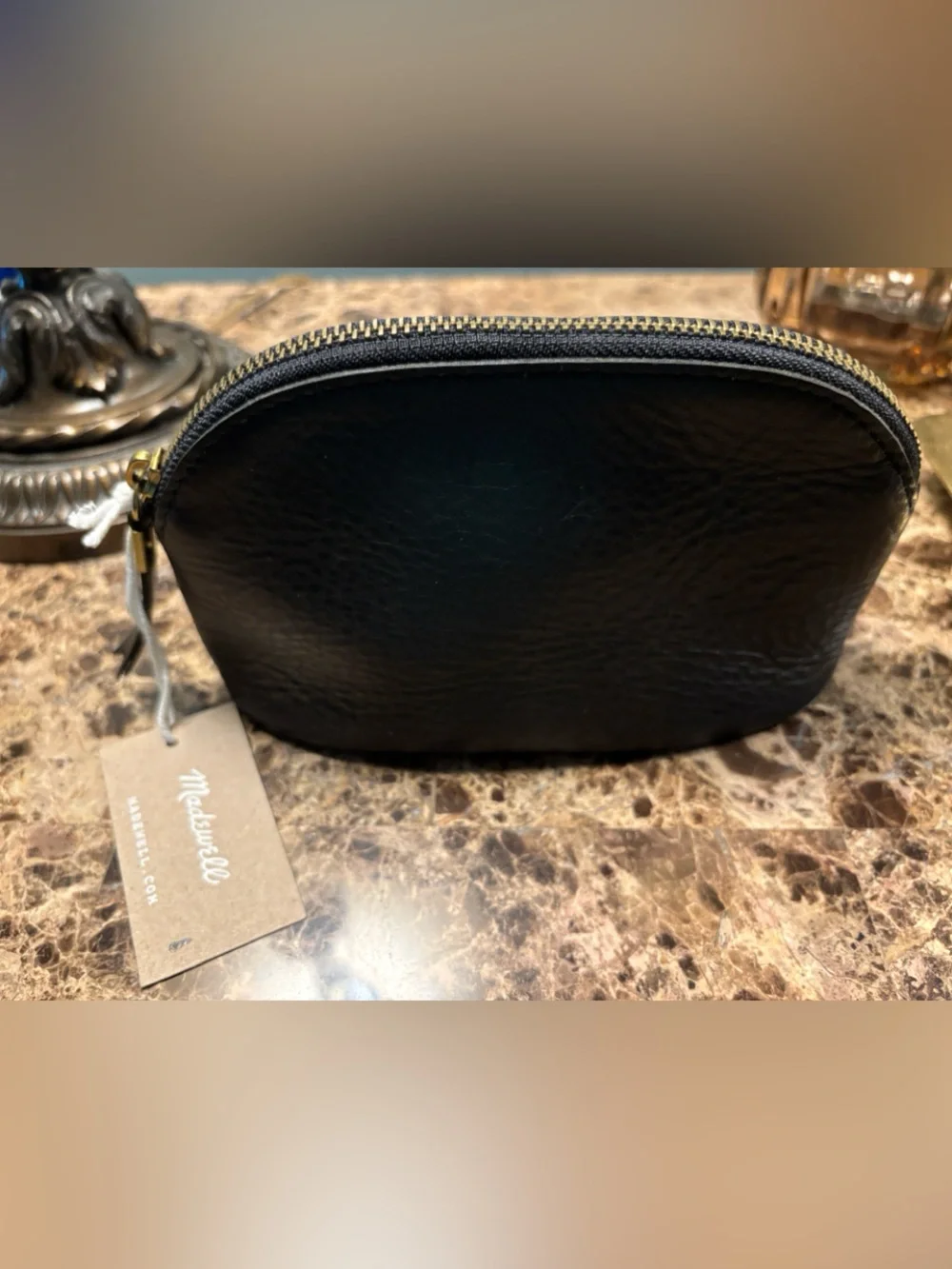 Madewell Black Leather Makeup Pouch Zip Around NWT
